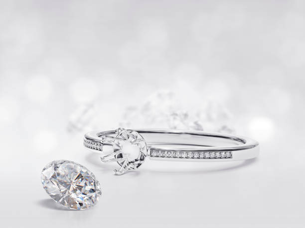 anello in oro bianco o argento senza pietra preziosa e diamante rotondo con riflesso su fondo bianco. rendering 3d - jewelry gem gold reflection foto e immagini stock
