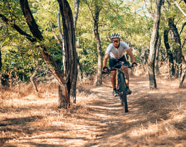 istock mountain biker riding his bike throught the mountain 1410479362