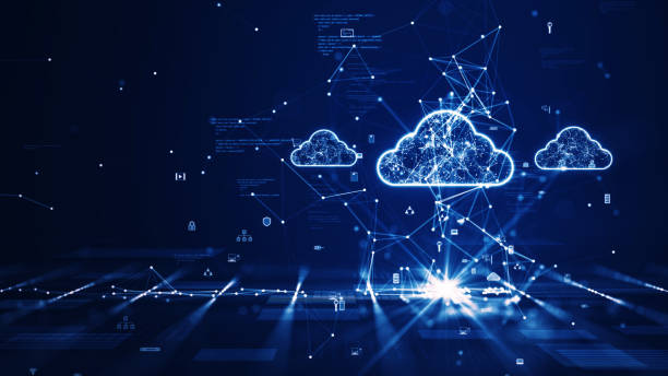 Cloud and edge computing technology concept with cybersecurity data protection system. Three large cloud icons stand out on the right side. polygon connect code small icon on dark blue background. stock photo