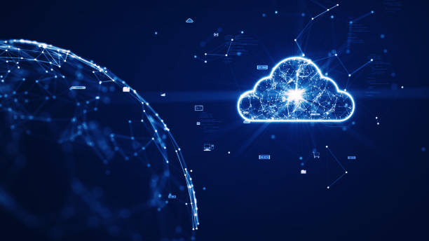 Cloud and edge computing technology concepts. Interconnected polygons within a large cloud icon stand out on the right, an abstract world on the left, and a small icon on a dark blue background. stock photo