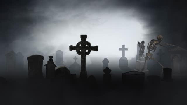 Skeleton Walking Through a Misty Graveyard 4K Loop