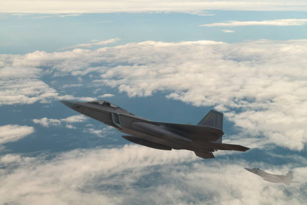 istock Jet aircrafts flying over the clouds. 1410484609