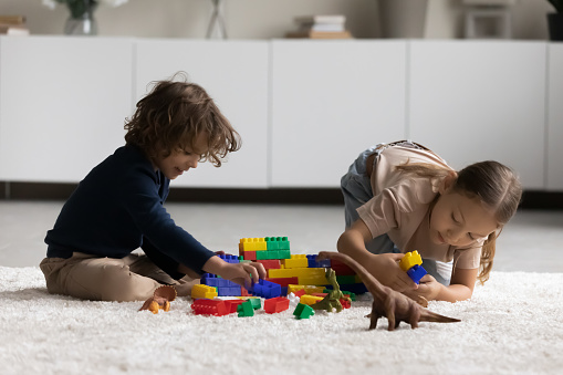 Little friendly siblings play colorful cubes and dinosaurs toys sit on warm floor in cozy playroom. Preschool 4s boy and 6s girl spend free time together at home enjoy playtime using modern playthings