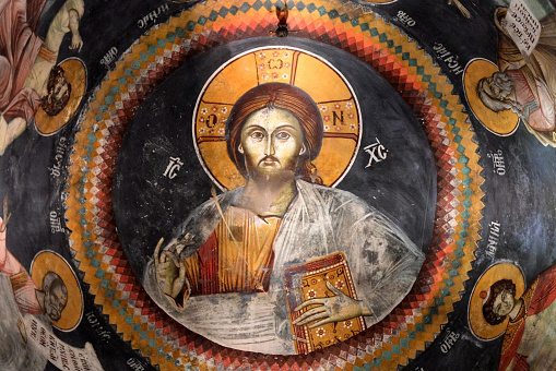 Mosaic of Jesus Christ in The Last Judgement dated 12th Century AD. Church of Hagia Sophia in  Istanbul, Turkey.