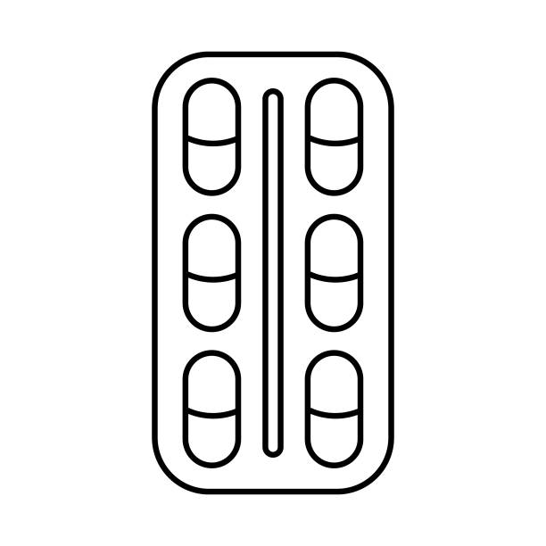 丸薬の水疱。薬用丸薬の落書き。黒い輪郭画、医療カプセルの線形アイコン、ビタミン、薬 - blister packaging点のイラスト素材／クリップアート素材／マンガ素材／アイコン素材