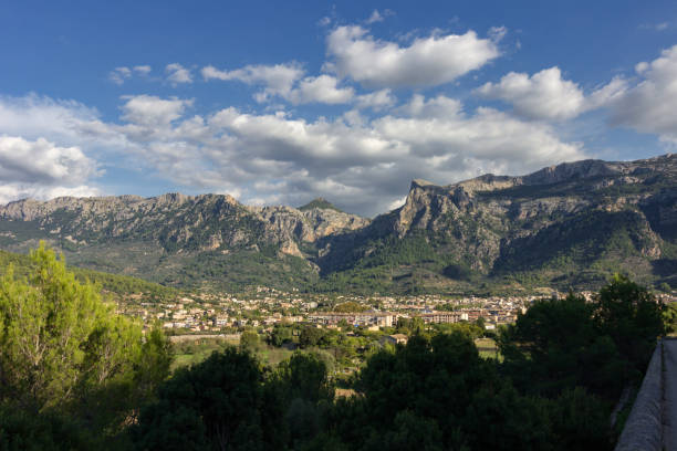 Town of Soller in the middle of the mountains in Mallorca (Spain) stock photo