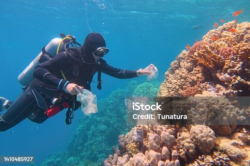 istock Man scuba diver cleaning plastic  from the tropical coral reef. World ocean contaminated by plastic. 1410485927