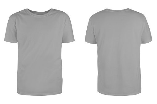 Men's grey blank T-shirt template,from two sides, natural shape on invisible mannequin, for your design mockup for print, isolated on white background.