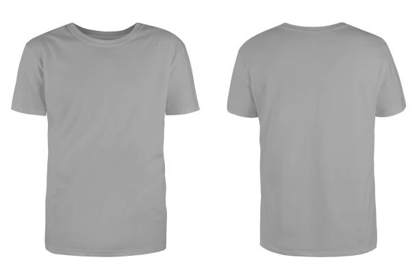 men's grey blank t-shirt template,from two sides, natural shape on invisible mannequin, for your design mockup for print, isolated on white background. - cinzento imagens e fotografias de stock