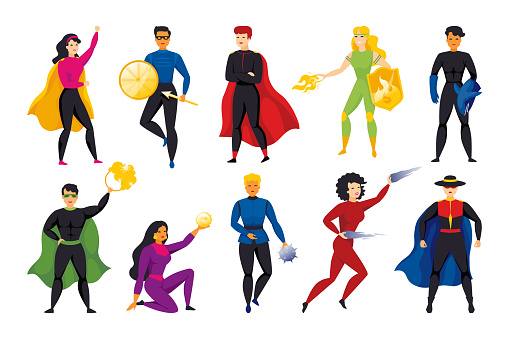 Superhero in cape. Adult character of hero with super body power. Flying man or girl avatar in cloak in comic brave pose. Heroic people mascots. Strong muscular persons. Vector cartoon superhuman set