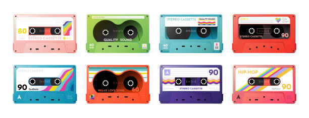 Music cassette stickers. Retro hipster audio tape with mix of modern rock elements, 90s mixtape. Bright colorful isolated trendy design elements. Disco and rock vintage. Vector doodle collection Music cassette stickers. Retro hipster audio tape with mix of modern rock elements, 90s mixtape. Bright colorful isolated trendy design elements. Disco and rock vintage style vector doodle collection dj clipart stock illustrations