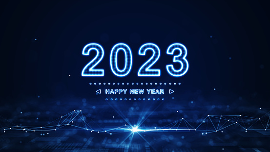 happy new year 2023. Glowing white numbers and letters stand out in the center. There are interconnected polygons below on a dark blue background.