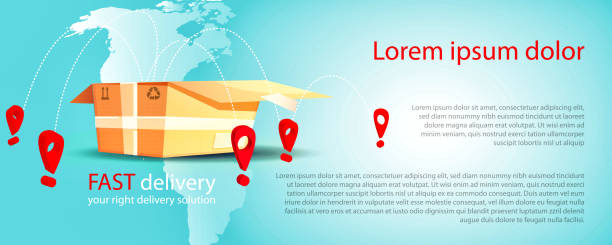 The concept of fast worldwide delivery and e-commerce. Cardboard box with icons on USA map background with space for text. Online order infographics, web page, app design. Graphic vector illustration in EPS format house numbers stock illustrations