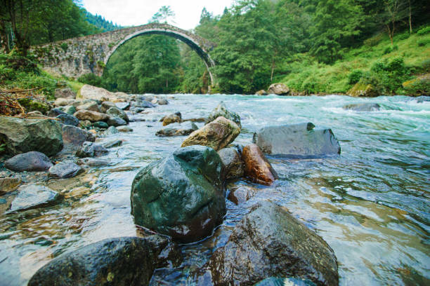 Old stone bridge and a powerful river in Rize province in Turkey