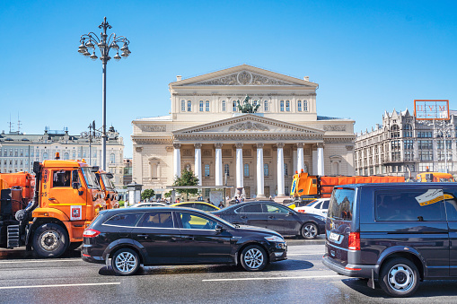 View of Moscow Bolshoi Theatre (Big Theatre) and central department store in Moscow, Russia. Moscow architecture and landmark, Moscow cityscape, June 28, 2022 Russia, Moscow
