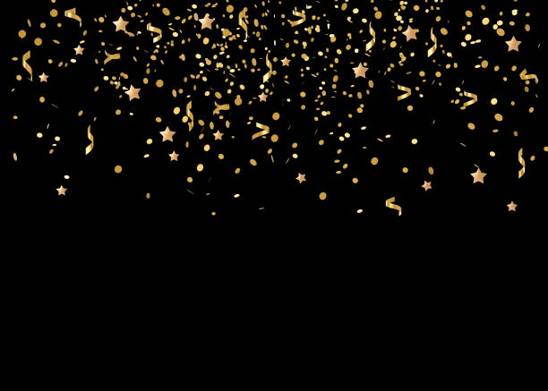istock Falling golden glitter confetti isolated on black background. Shiny particles. Party, Merry Christmas, Happy New year decoration. 3D rendering. 1410494518
