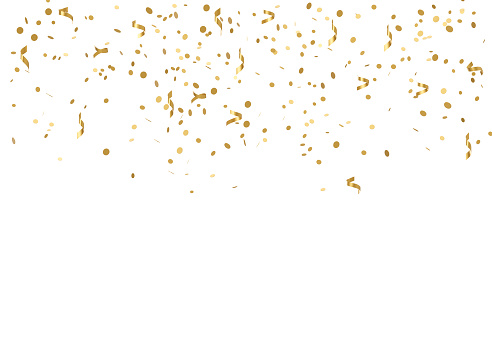 Cayente de confeti de purpurina dorada aislado sobre fondo blanco. Partículas brillantes. Fiesta, Feliz Navidad, Decoración de Próspero Año Nuevo. Renderizado 3D. photo