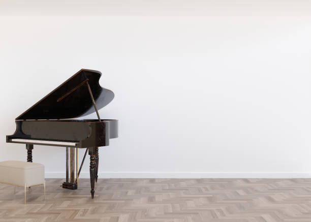 istock Room with parquet floor, white wall and empty space. Black piano. Mock up interior. Free, copy space for your furniture, picture, decoration and other objects. 3D rendering. 1410495877