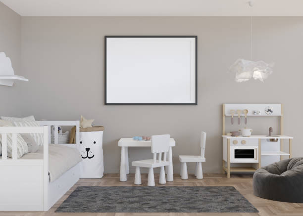 istock Empty horizontal picture frame on light gray wall in modern child room. Mock up interior in scandinavian style. Free, copy space for picture. Bed, toys. Cozy room for kids. 3D rendering. 1410495878