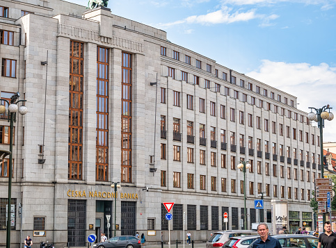 Prague, Czech Republic - June 2022: Headquarters offices of the eská národní banka (The Czech National Bank) in the center of Prague