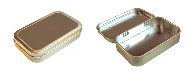 Closed gold candy tin can. Blank metallic food container. Opened storage box