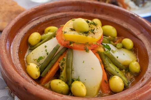 Tajin dish with green olives in Morocco