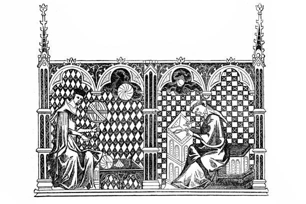 dwóch mnichów matematycznych; jeden nauczający kuli ziemskiej, drugi kopiujący rękopis - scribe stock illustrations