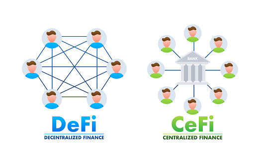 Defi Decentralized finance and CeFi centralized finance. Finance system. Vector stock illustration