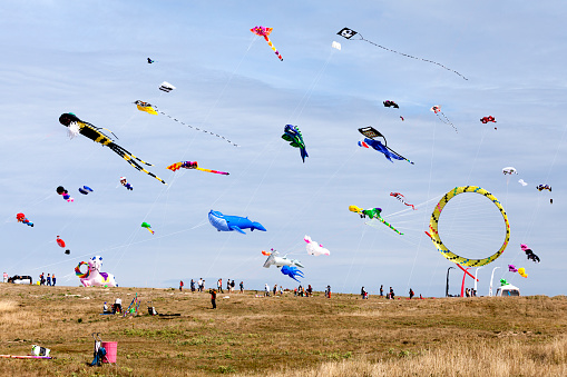 Porspoder, France - July 23 2022: Esti'vent is the wind and kite festival organized each year in front of the Saint-Laurent peninsula.