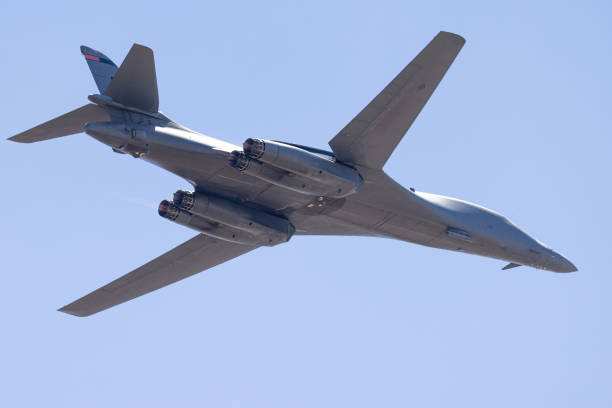 istock Close tail view of a B-1 Lancer bomber  with afterburners on 1410506841