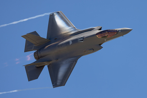 Miramar, California, USA - September 23, 2022: A US Air Force F-22 Raptor in the skies over the 2022 Miramar Airshow.