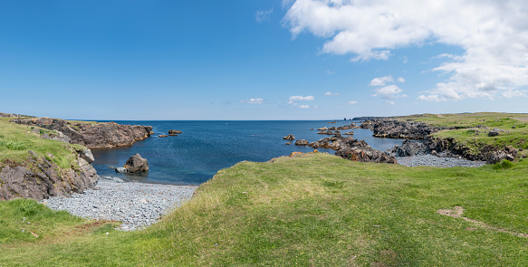 A panoramic view of a section of the shoreline of the Bonavista Peninsula, on the way to Cape Bonavista in Newfoundland.