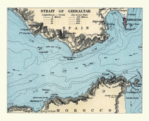 Antique map, Sea chart of Strait of Gibraltar, Victorian 1890s, 19th Century vector art illustration