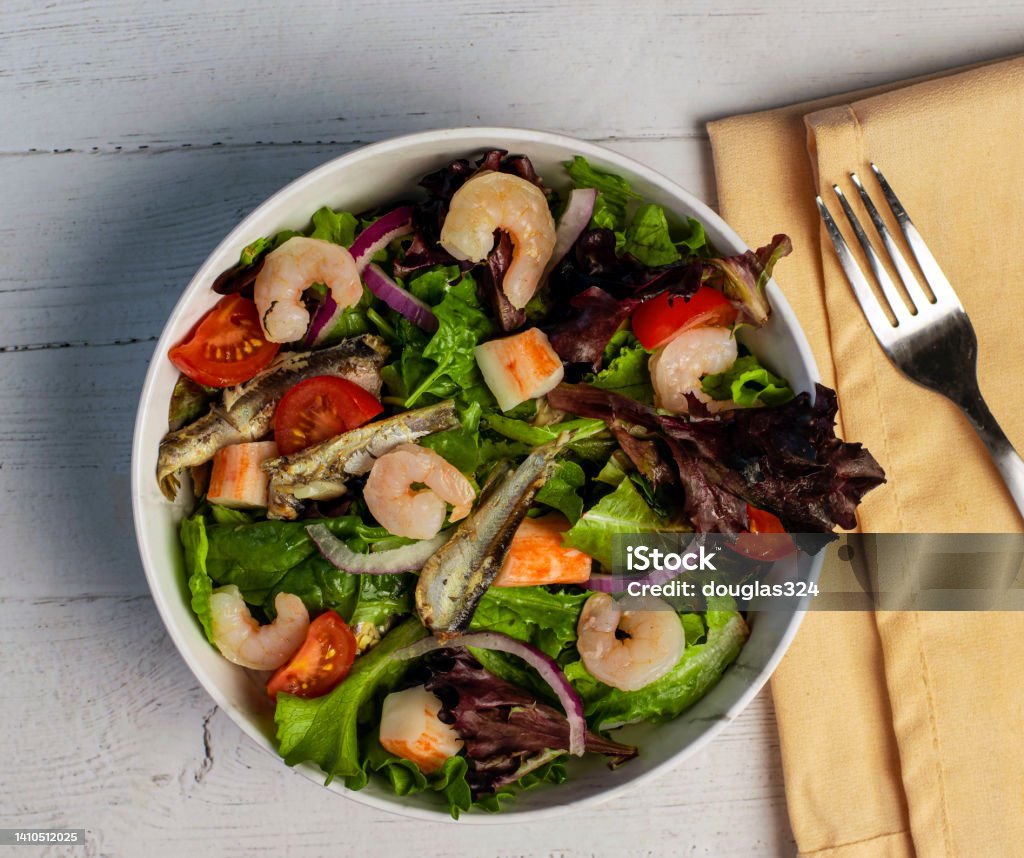 seafood salad  with sardines lobster and shrimp seafood salad with  with lobster  , sardines and shrimp Color Image Stock Photo
