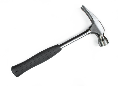 Silver Hammer with nail puller and rubbery handle isolated. Black and white photo