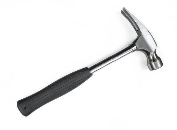 silver hammer with nail puller and rubbery handle isolated. black and white photo - hammer imagens e fotografias de stock