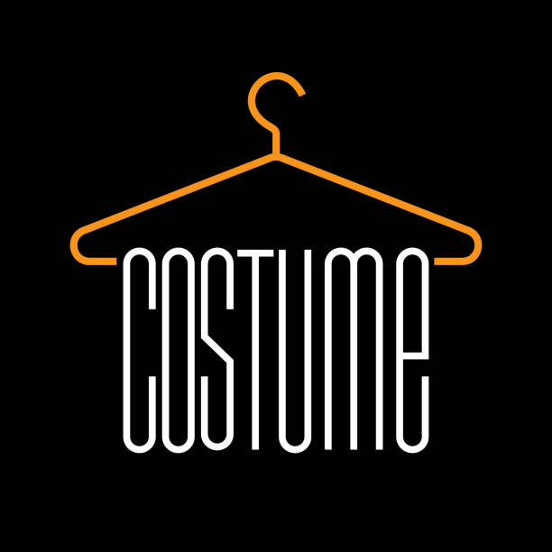 "Costume" lettering. Can be used for master tailor, dry cleaner, studio icon. Linear icon. Letters hang on a hanger. Emblem for fashion, clothing shop, master tailor, dry cleaner and accessories, gifts, label or packaging. mens clothing stock illustrations