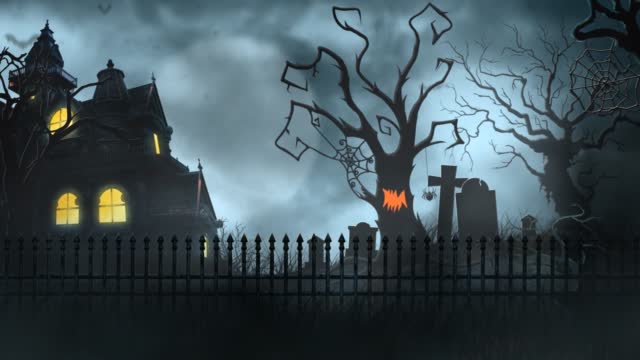 Haunted House withTombstones and Animated Tree 4K Loop