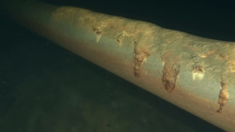 The camera moves slowly along the underwater pipeline.