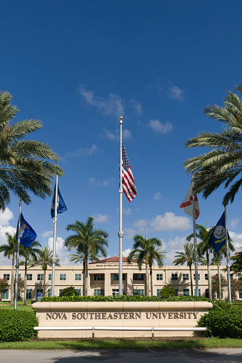 Campus entrance and William and Norma Norwitz Administration Building on the campus of Nova Southeastern University.