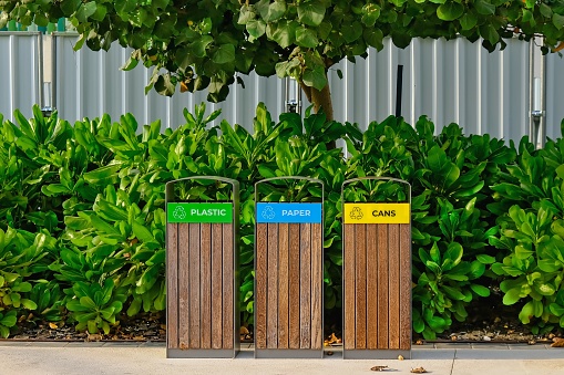 Modern wooden garbage bins for separate waste collection in public city park in Abu Dhabi,UAE. Urban ecology. Environmental care