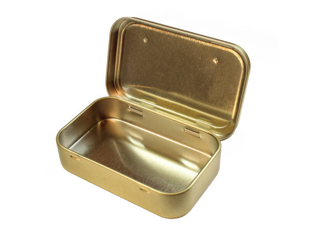 istock Metallic tin can isolated on white background. Opened and elegant storage box 1410523282