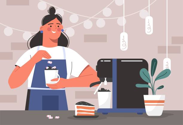 Barista at work Barista at work. Woman prepares coffee or tea, employee of cafe, bar or restaurant. Sweets and tasty food, dessert with hot drinks. Coffee preparations metaphor. Cartoon flat vector illustration barista stock illustrations