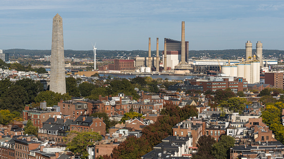 Bunker Hill Monument, Charlestown with Boston city urban view.