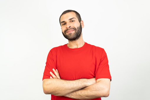 middle eastern young man on isolated white background.