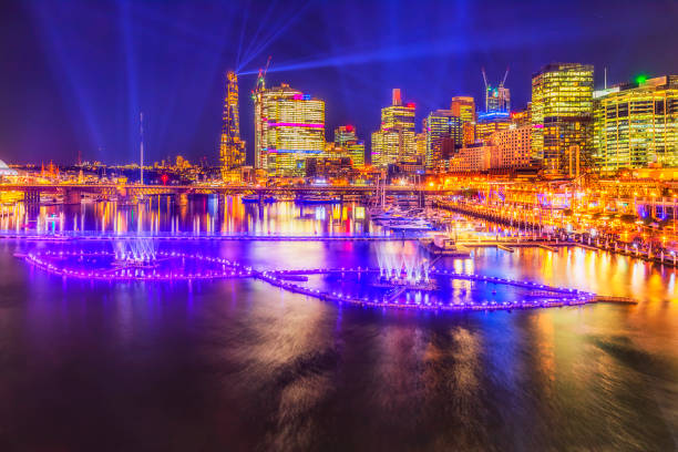 Floating colour fountain on Cockle bay in Sydney city CBD waterfront at night light show festival and bright illumination.