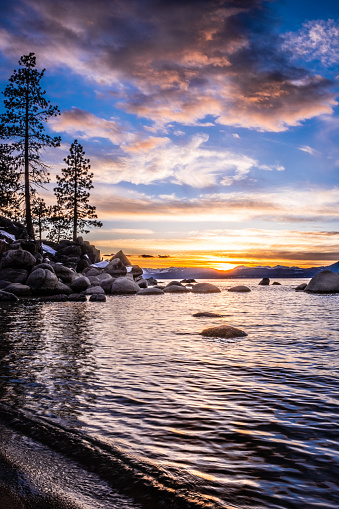 Sunset at Sand Harbor on the eastern shore of Lake Tahoe in early March.