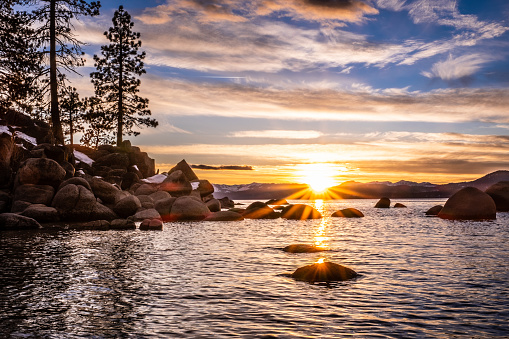 Sunset at Sand Harbor on the eastern shore of Lake Tahoe in early March.