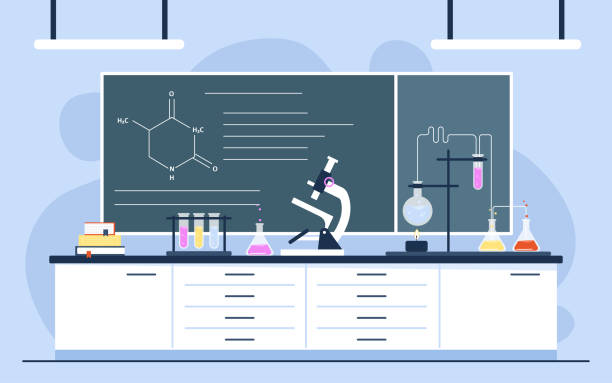 ilustraciones, imágenes clip art, dibujos animados e iconos de stock de laboratorio químico o biológico - laboratorio
