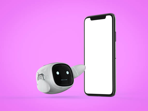 istock Cute assistant artificial intelligence robot no leg with mobile phone 1410535636